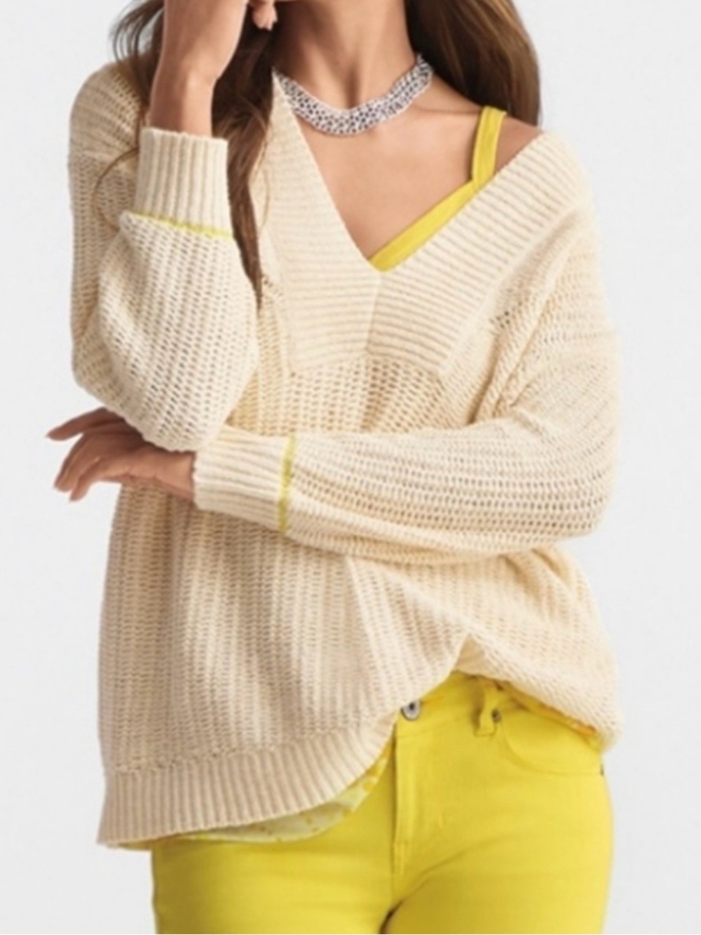 CAbi Ivory V-Neck Knit Croquet Pullover Sweater